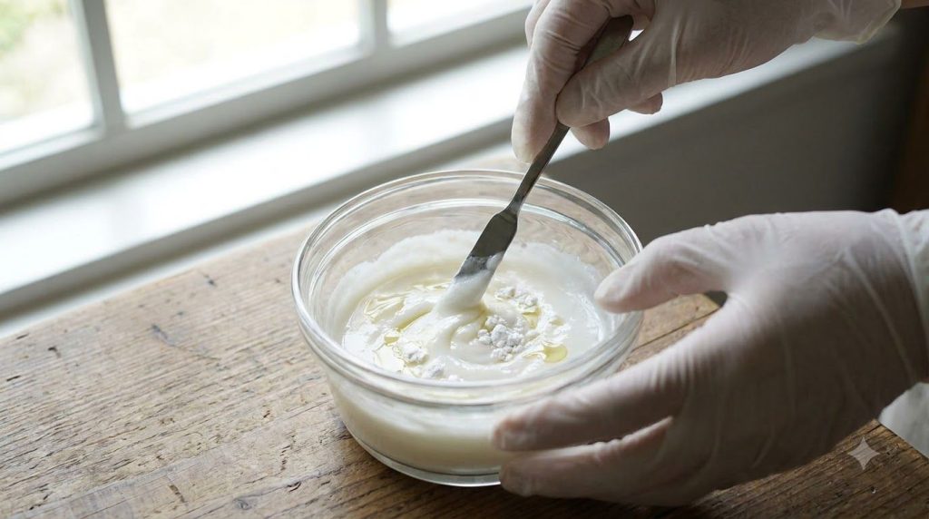 Close-up of hands mixing Vaseline baby oil and rice flour in a small clear glass container with a tiny spatula showing a