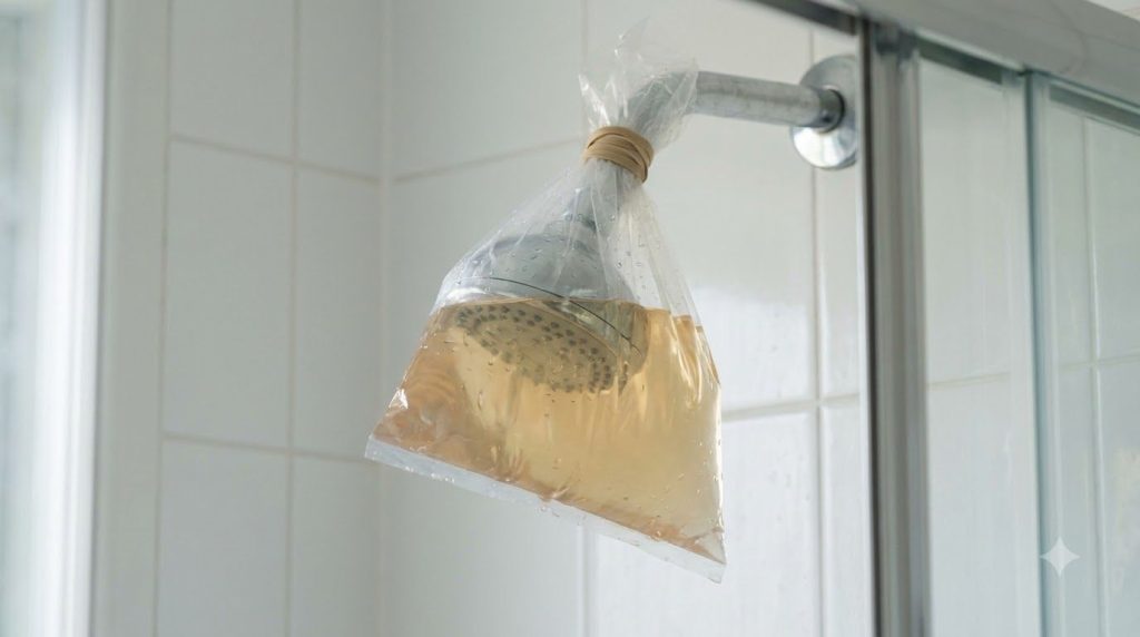 A shower head submerged in a plastic bag filled with vinegar solution secured with a rubber band demonstrating the soaki