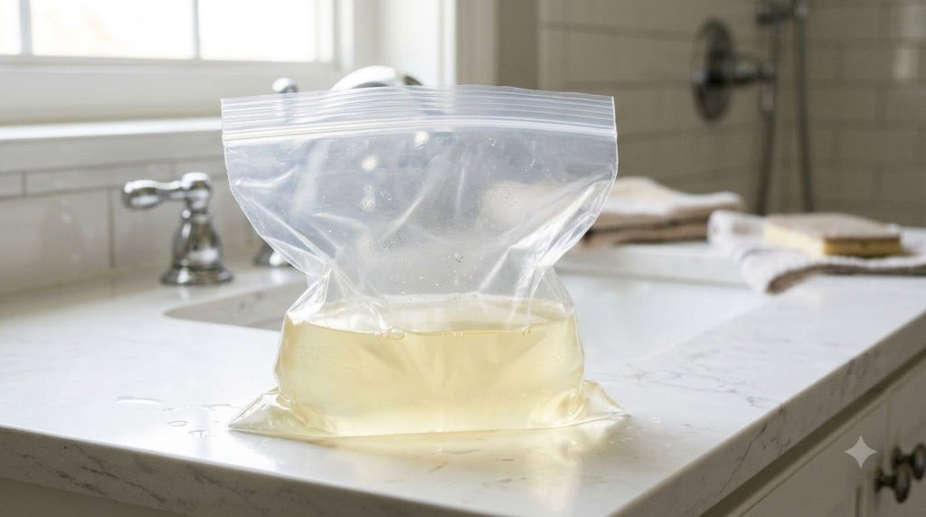A plastic bag filled with a clear liquid vinegar solution being prepared to soak a shower head