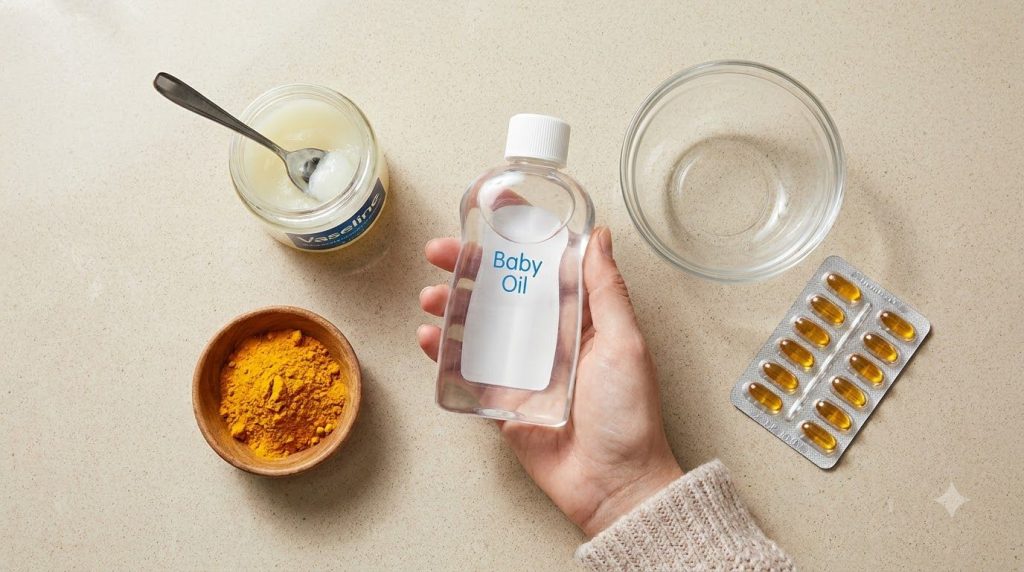 Collection of DIY beauty ingredients on a light countertop including an open jar of Vaseline with a spoon a hand holding