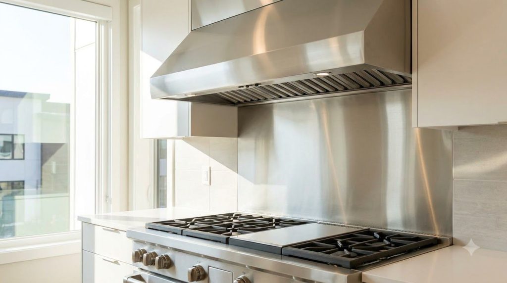A perfectly clean shining stainless steel range hood above a gas stove demonstrating the after effect of the cleaning ha