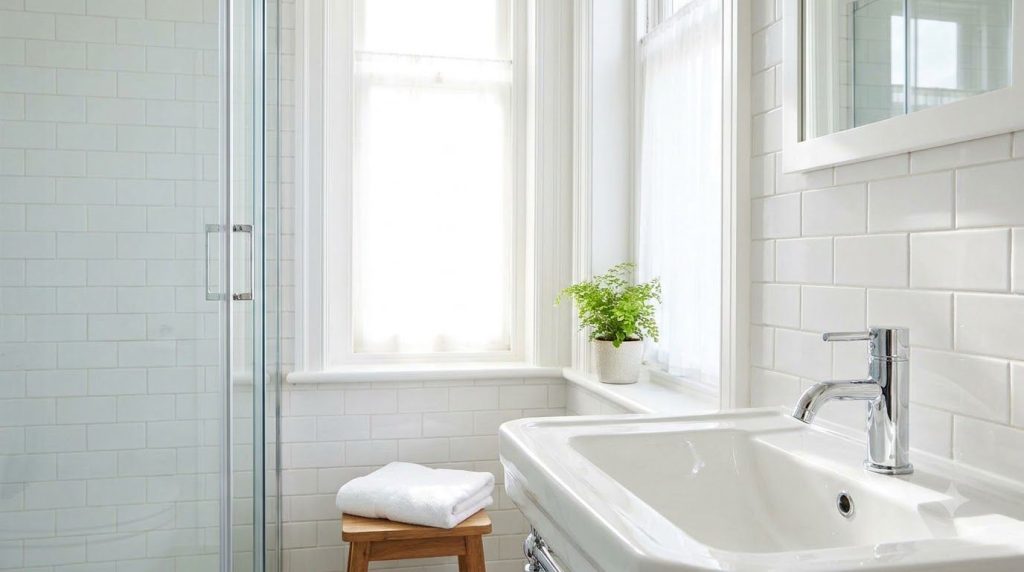 A pristine sparkling clean bathroom corner with gleaming white tiles and grout showing no signs of mold The room is well