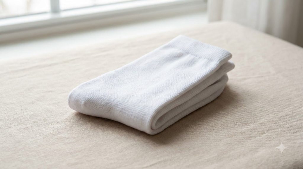 A pair of bright white clean socks after being washed and dried against a clean background