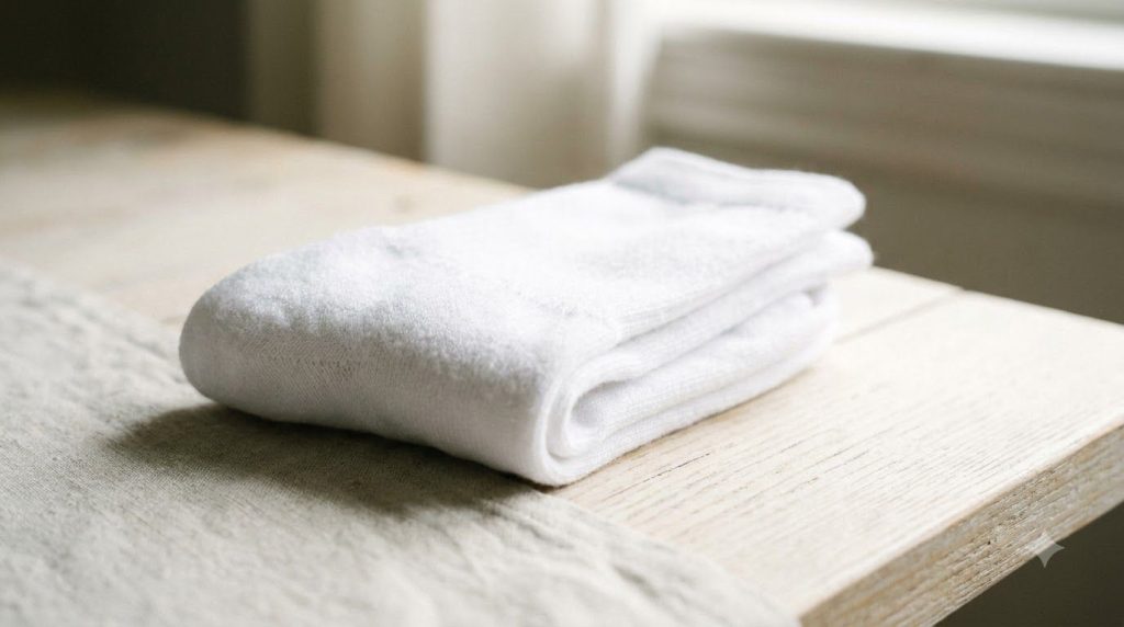 A pair of clean bright white socks neatly folded symbolizing the successful outcome of the hand-washing DIY