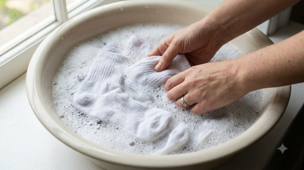 A close-up of a basin filled with soapy water and white socks soaking with hands gently agitating the water