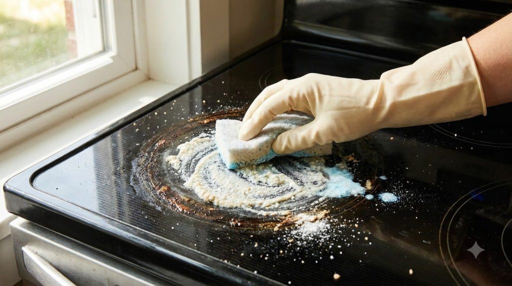 Una mano aplicando una pasta espesa de bicarbonato y jabón con una esponja suave sobre una estufa de vitrocerámica negra
