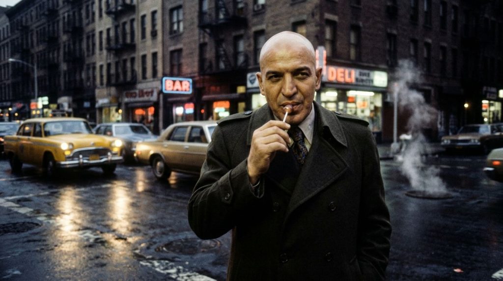 Telly Savalas as Kojak holding a lollipop and looking suave He has a shaved head and is wearing a trench coat