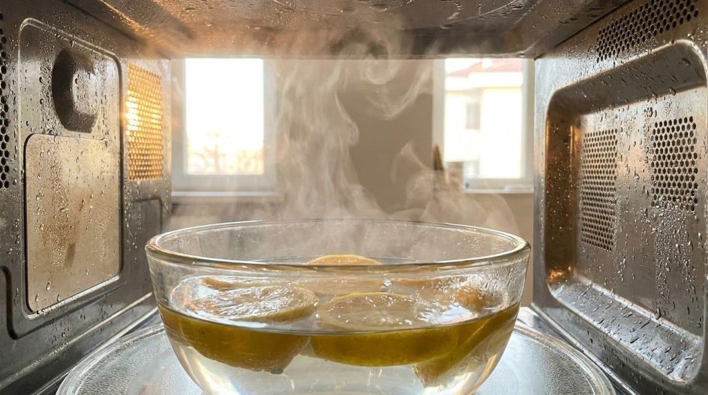 A close-up of a microwave interior with a glass bowl containing lemon slices and water steaming after being heated The i
