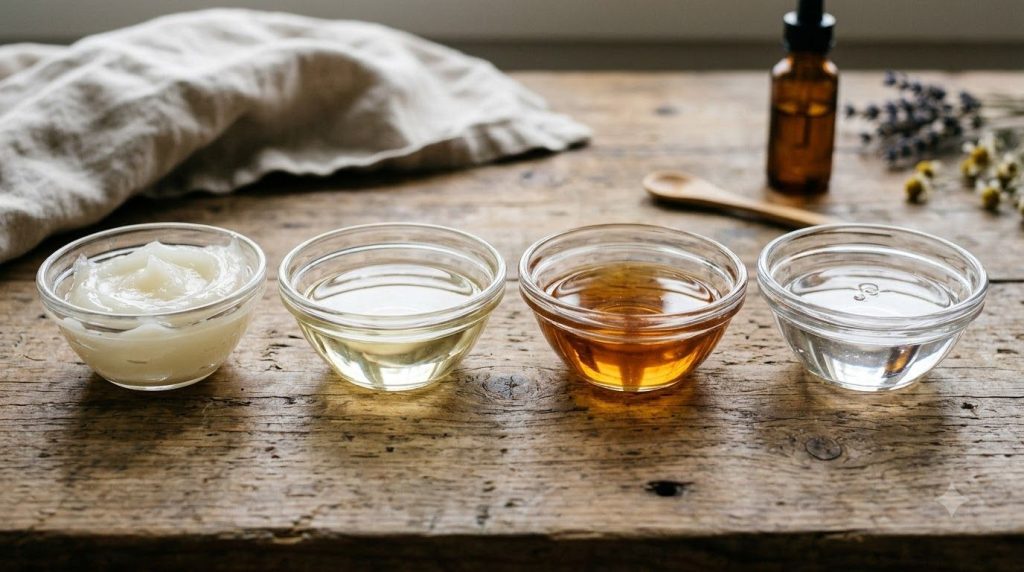 Various small bowls with the individual ingredients petroleum jelly sweet almond oil vitamin E oil and glycerin arranged