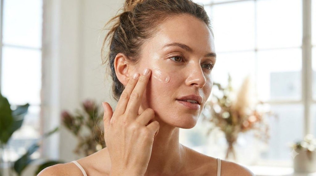 A woman gently dabbing a small amount of the glow gel onto her cheekbone with her fingertip showcasing a soft luminous s
