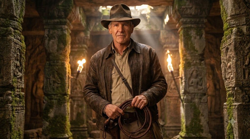 Harrison Ford as Indiana Jones wearing his iconic fedora leather jacket and holding a whip looking adventurous in a jung