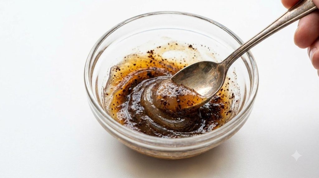A close-up of a small glass bowl with Vaseline and finely ground coffee being mixed with a spoon