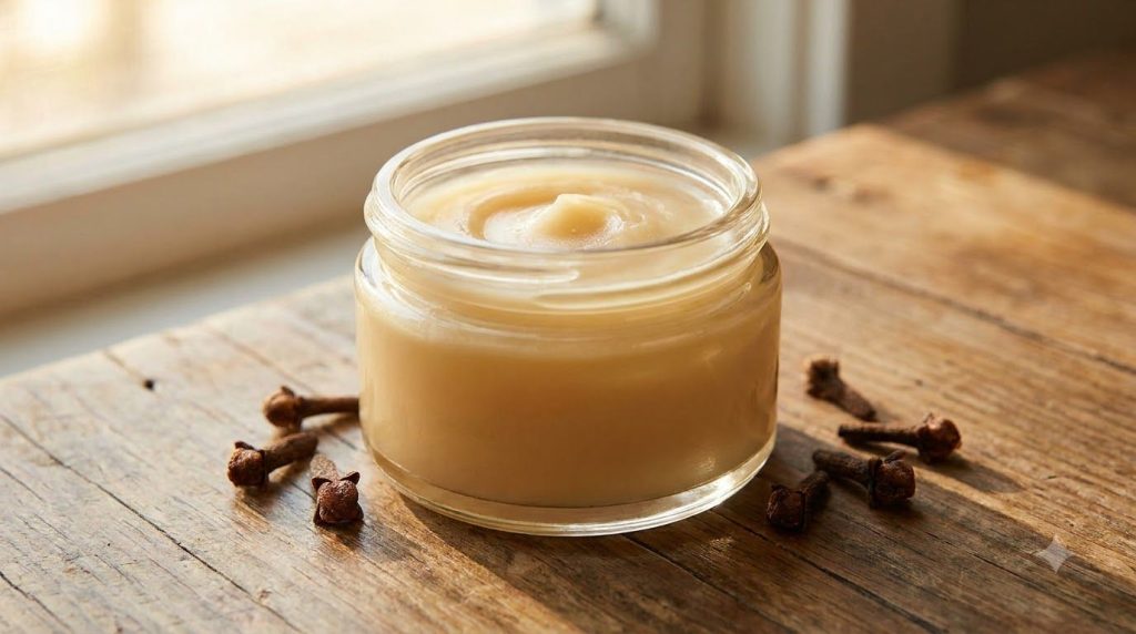 A small elegant glass jar filled with the finished clove Vaseline and baby oil balm with a smooth creamy texture A few w