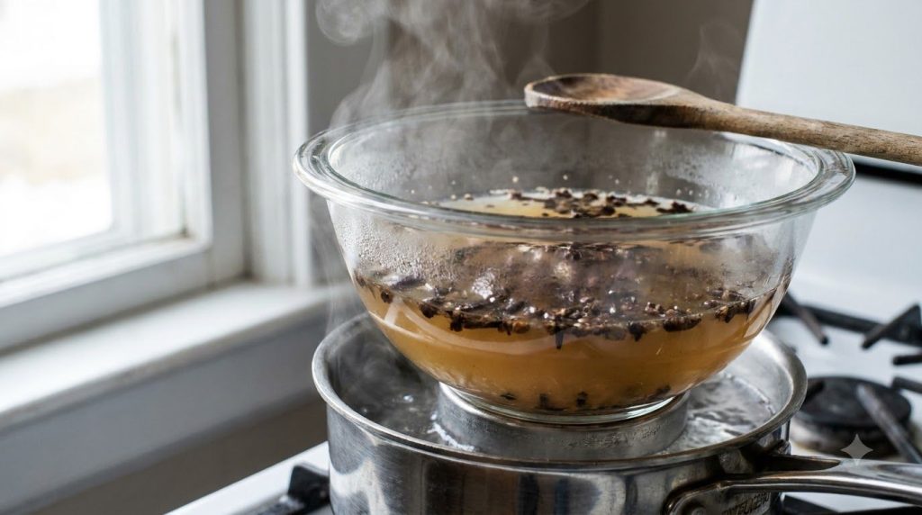 A close-up of a double boiler setup with a glass bowl on top containing crushed cloves steeping in baby oil over simmeri