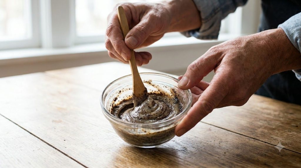 Hands mixing Vaseline coffee and baby oil in a small glass bowl with a cosmetic spatula showing a creamy glossy texture