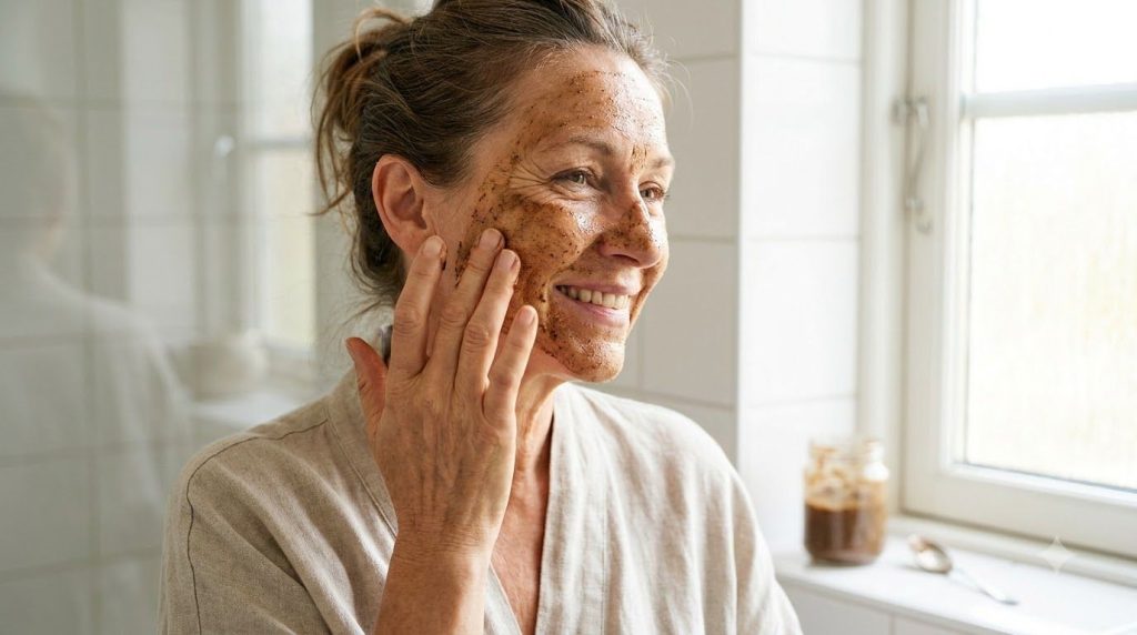 A woman gently applying a homemade creamy coffee and Vaseline mask to her face with a soft relaxed expression in a well-