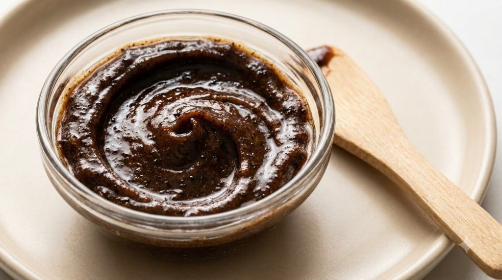 Close-up of the mixed Vaseline coffee baby oil and vitamin E mask in a small glass bowl with a cosmetic spatula