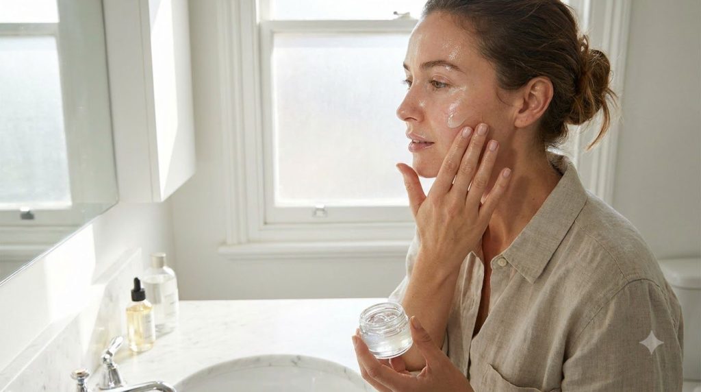 A woman gently applying a small amount of the homemade glow gel to her cheek blending it in with her fingertips showing