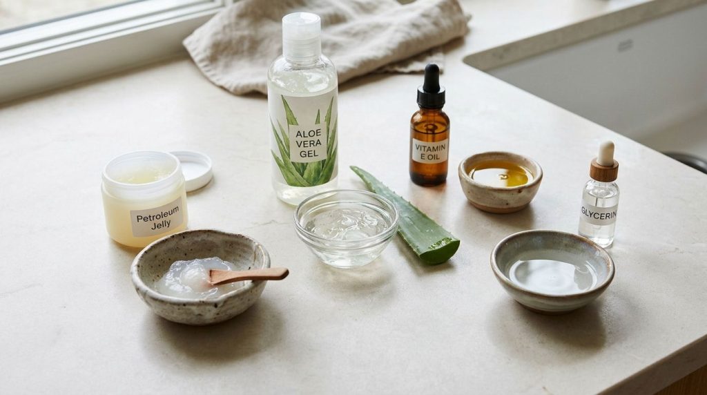 Various small bowls with the ingredients for the glow gel laid out Vaseline a bottle of aloe vera gel a bottle of vitami