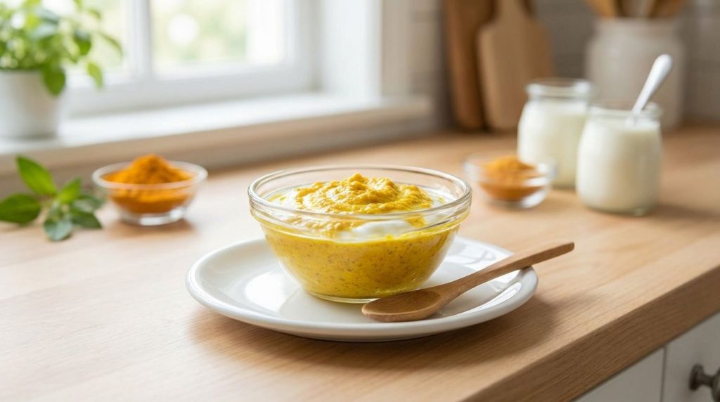 A small bowl containing a yellow turmeric and white yogurt face mask with a spoon beside it surrounded by fresh ingredie