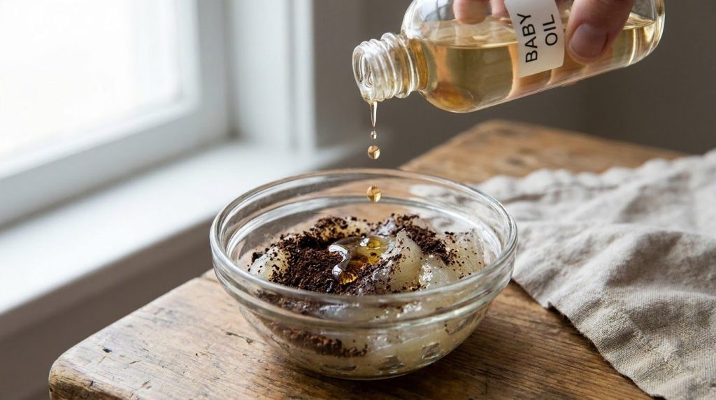 A small glass bowl containing Vaseline and coffee grounds with a few drops of baby oil being added from a bottle