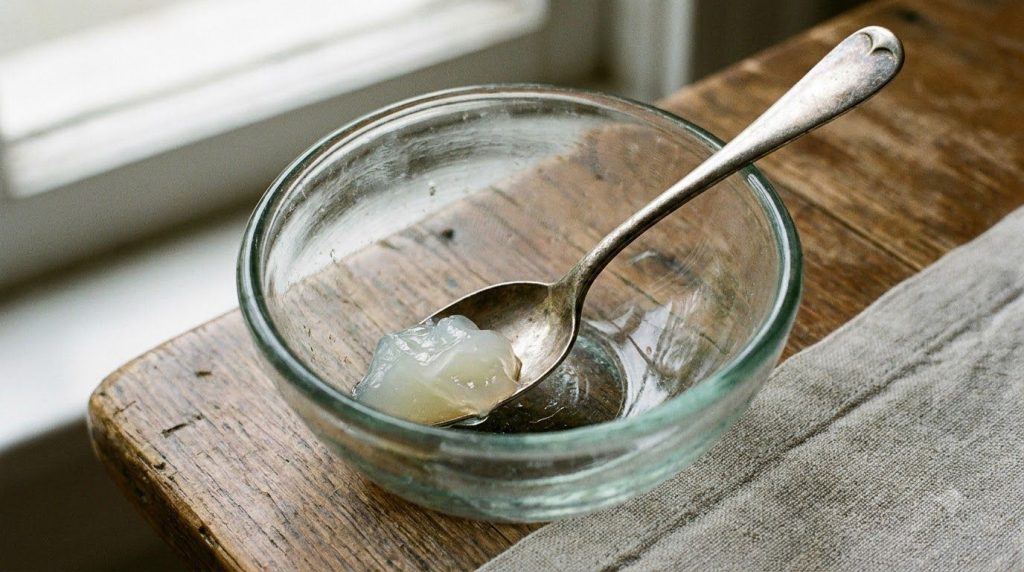 A close-up of a small glass bowl with a teaspoon of Vaseline inside ready for mixing