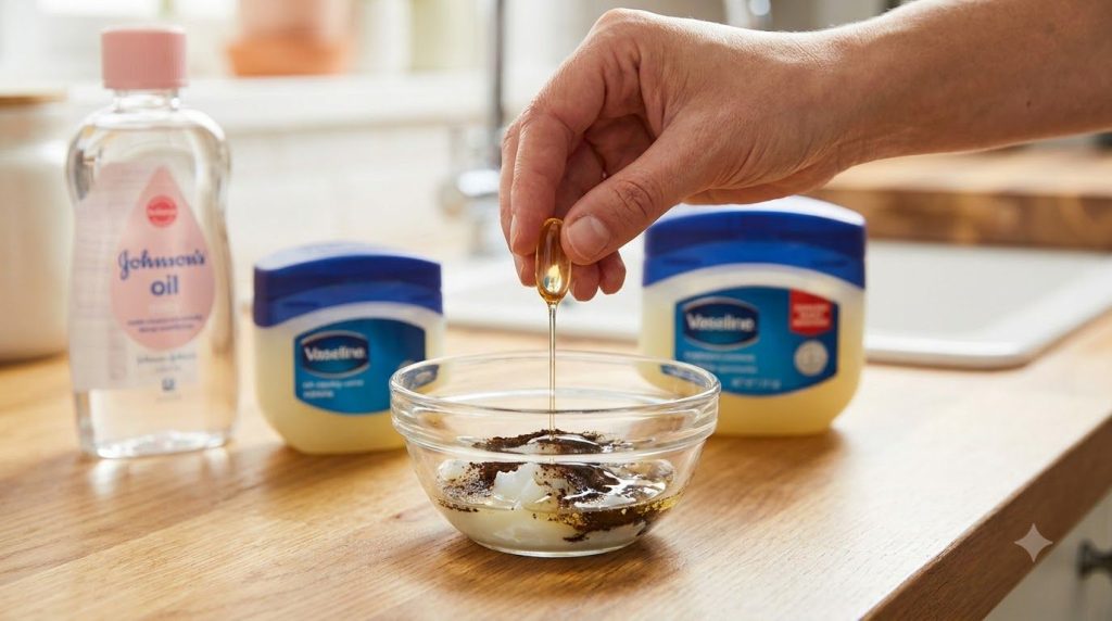 A hand squeezing the oil from a vitamin E softgel capsule into a bowl with the other ingredients