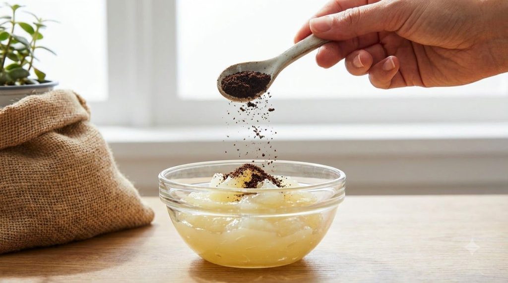 A small glass bowl containing Vaseline with a half teaspoon of finely ground coffee being added on top