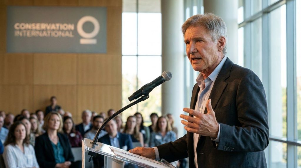 A real photo of Harrison Ford engaged in environmental advocacy or at an event related to conservation