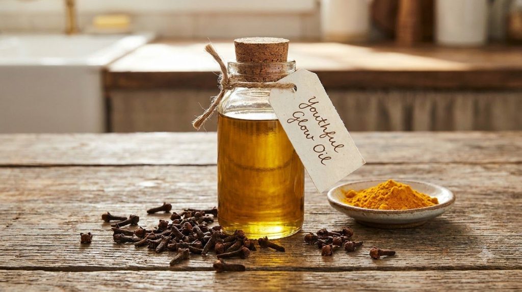A small glass bottle of homemade infused oil with visible subtle yellow tint labeled Youthful Glow Oil placed on a woode