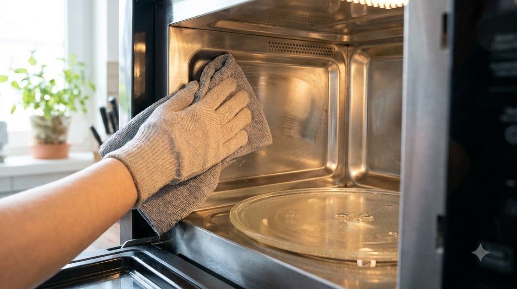 A person wiping the interior of a microwave with a gray microfiber cloth showing a clean and shiny surface