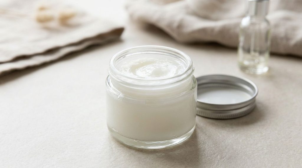 A small clear jar filled with the homemade Vaseline and baby oil blend next to a fresh clean hand ready to apply