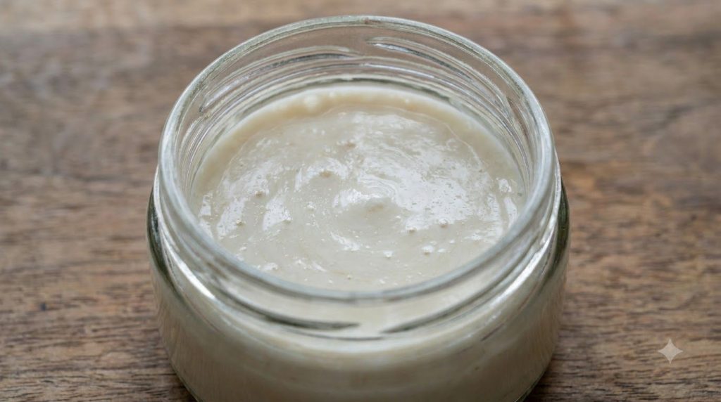 A close-up of the homemade Vaseline and baby oil night glow gel in a small glass jar ready for application