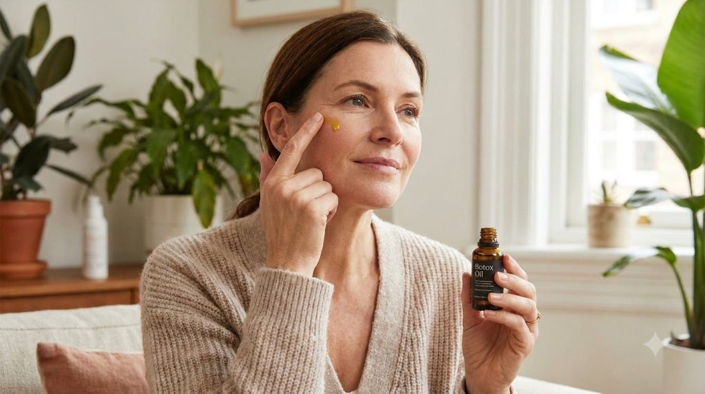 A woman gently applying a small amount of the Botox Oil mixture to her face focusing on areas with fine lines Her skin l
