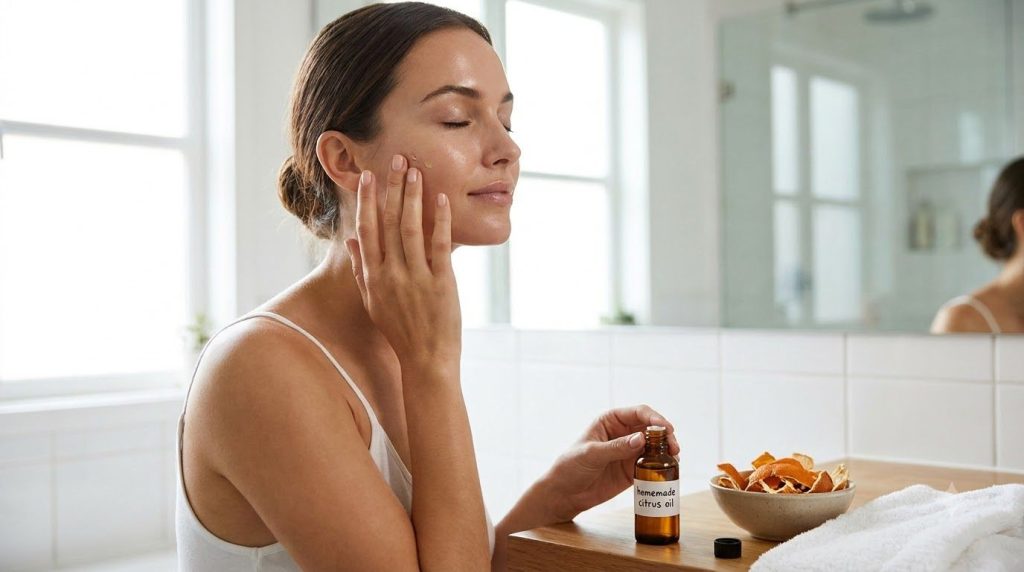 A woman gently massaging the citrus oil blend onto her face with soft clean hands with a bowl of the blend in the backgr