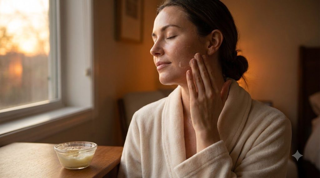 A woman gently massaging her face with the blended baby oil and Vaseline looking serene
