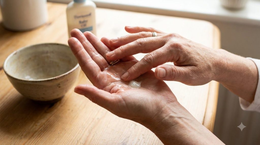 A woman s hands mixing baby oil and petroleum jelly in her palm
