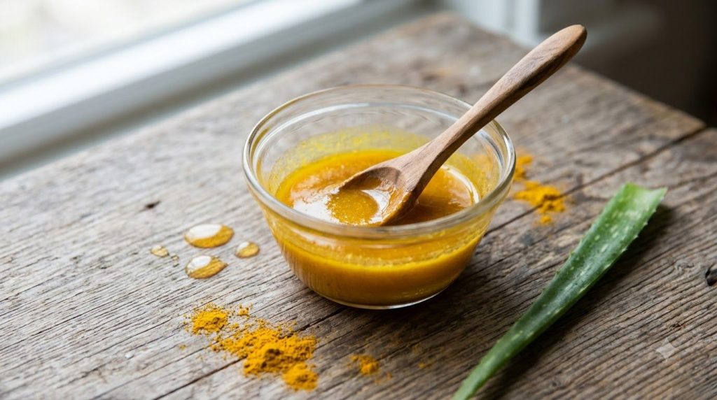 A small bowl containing the honey and turmeric glow blend with a spoon for mixing and fresh ingredients like honey and t
