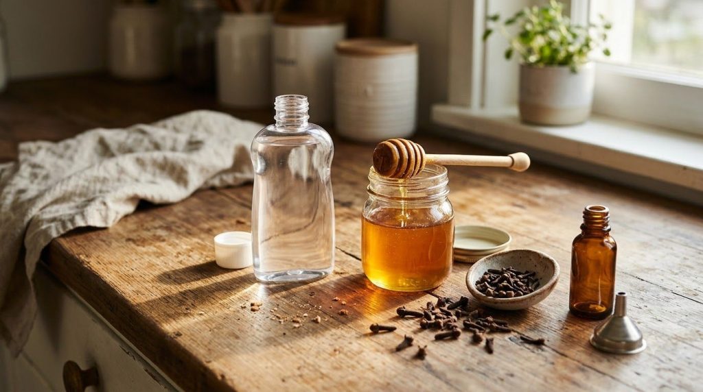 Ingredients for Honey Clove Glow Oil baby oil honey and whole cloves displayed in a warm inviting setting