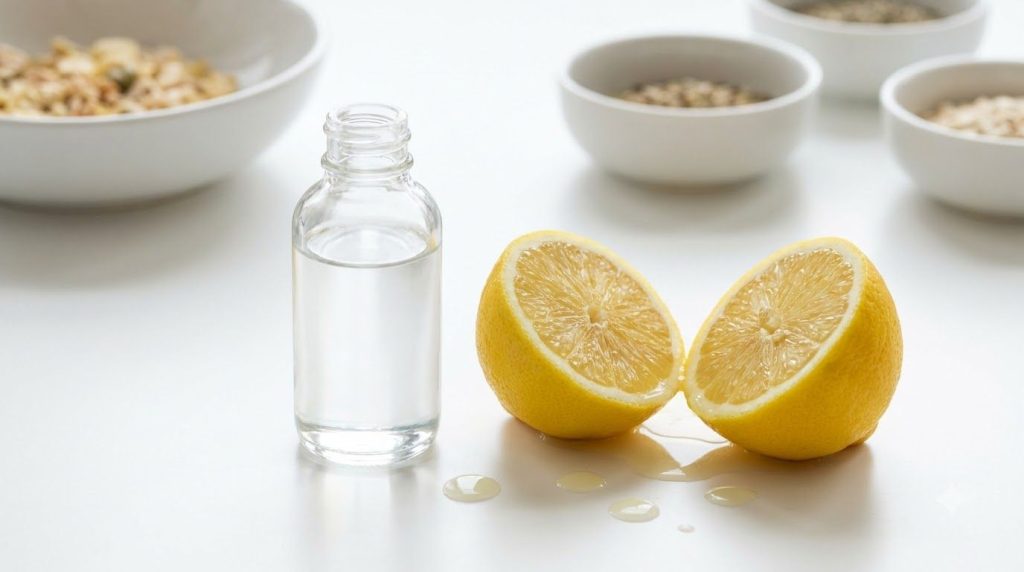 Ingredients for Lemon Baby Oil Spot Treatment a small bottle of baby oil and a freshly cut lemon half with juice in a si
