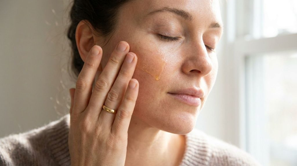 A person s hand gently applying a golden-toned oil blend to their clean face with soft focused lighting on the skin