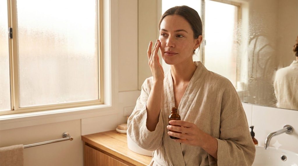 A woman gently applying baby oil to her face as part of her night routine
