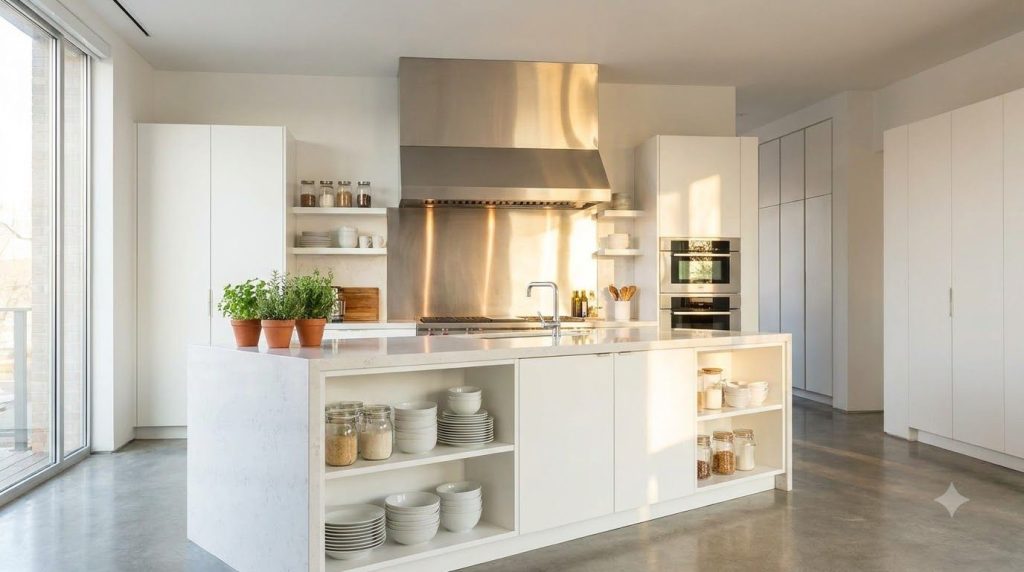 A gleaming spotless stainless steel range hood in a clean kitchen reflecting the light The kitchen is well-lit and tidy 