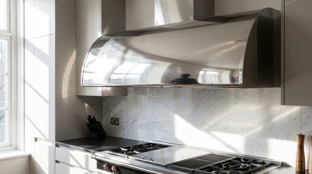 A sparkling clean stainless steel kitchen range hood reflecting light showing a clear after state No visible grease or s