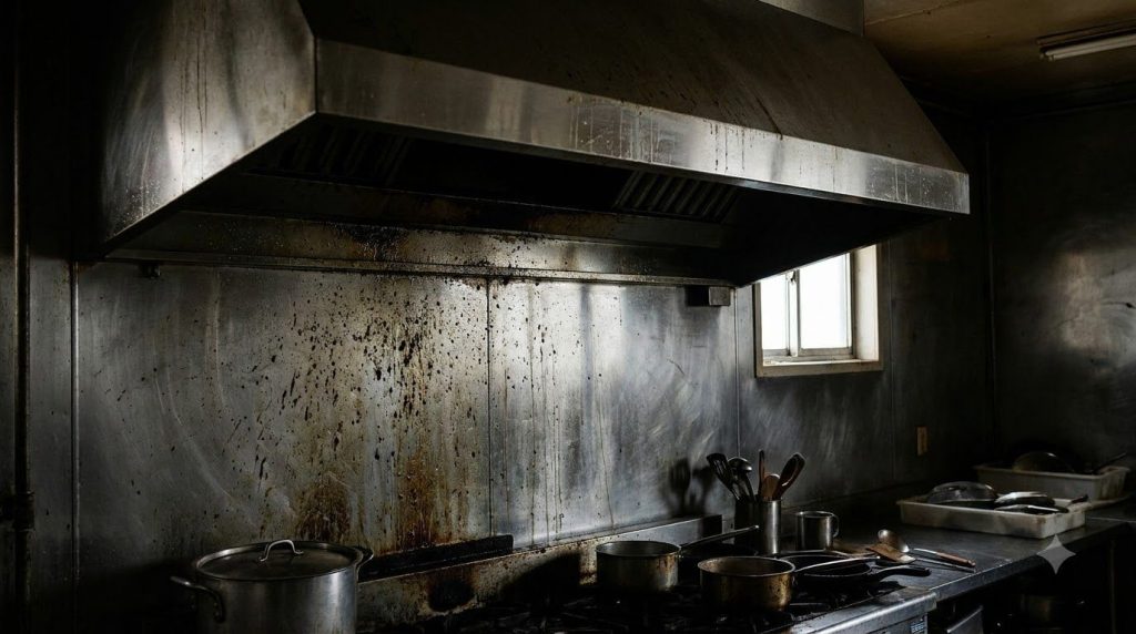 A heavily soiled stainless steel kitchen range hood coated in splattered grease and grime showing a clear before state f