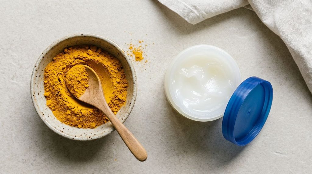 A clean white bowl filled with bright yellow turmeric powder next to a small container of Vaseline illustrating the key