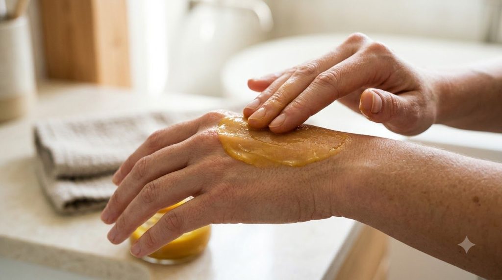 A person applying a thin layer of golden Vaseline and turmeric paste to their hand demonstrating the application of the