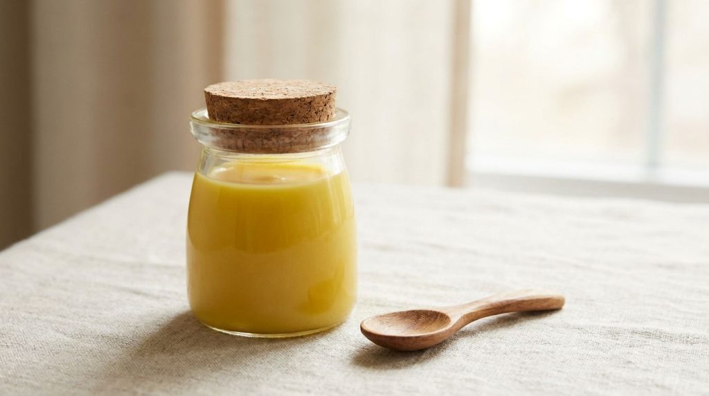 A small clean airtight glass container filled with the freshly made yellow turmeric and Vaseline balm with a spoon besid