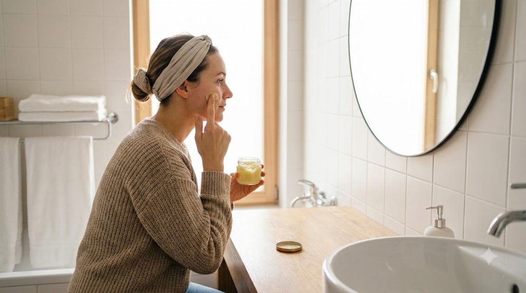 A woman gently applying a yellow paste to her cheek in a well-lit bathroom with a soft radiant expression