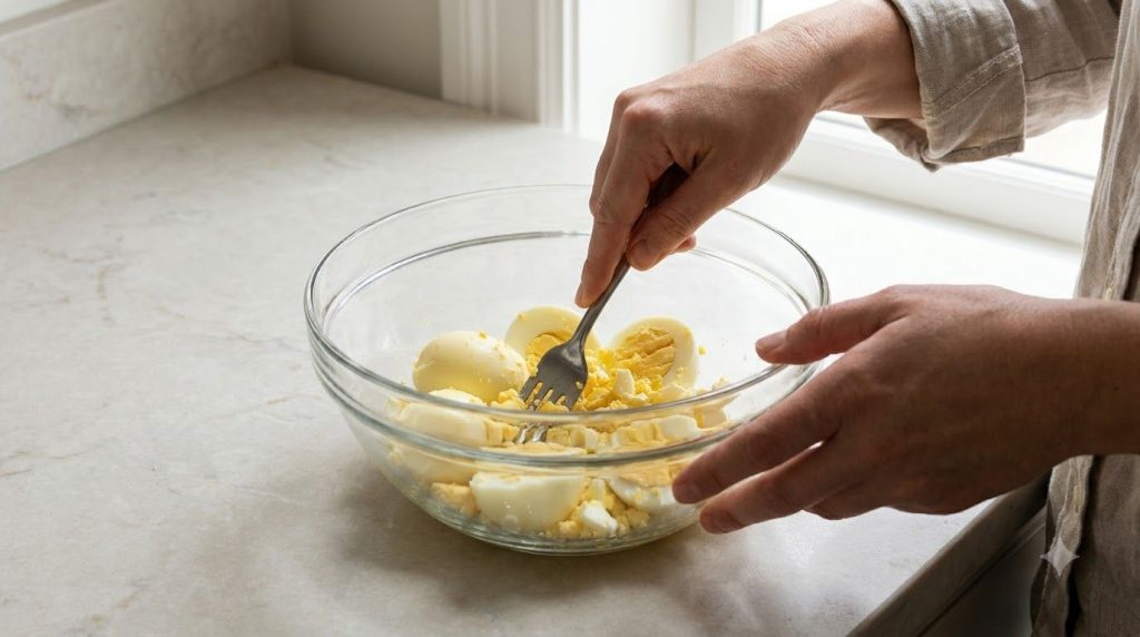 A person mashing peeled hard-boiled eggs in a bowl with a fork
